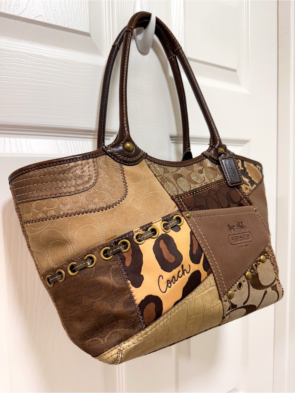 Coach Bleecker Patchwork Signature Jacquard Leather Animal Print Large Tote Y2K - Picture 3 of 17